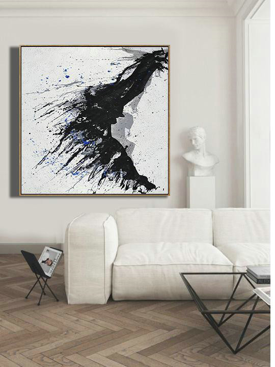 Minimalist Drip Painting On Canvas, Black, White, Grey, Blue,Xl Large Canvas Art #X3F7